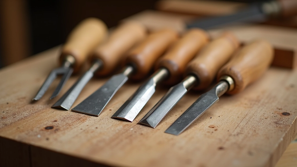 Close-up photograph of six sharp chisels arranged by width on wooden workbench, showing their handles and polished steel blades