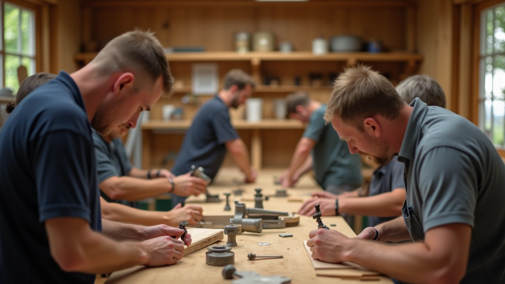 Men's Shed workshop interior with several people working at benches, tools on walls, natural light from large windows, collaborative atmosphere