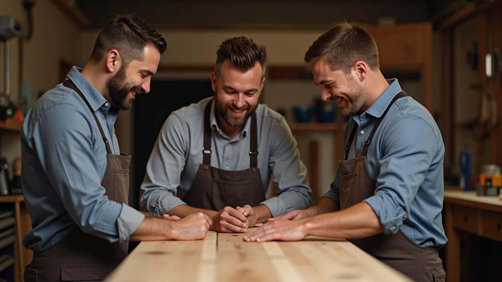 Group of workshop members gathered around a completed wooden project, examining craftsmanship together, smiling and engaged, community atmosphere, natural lighting