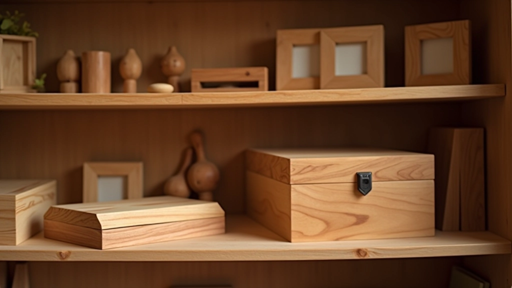 Finished wooden projects displayed on shelf including boxes and frames