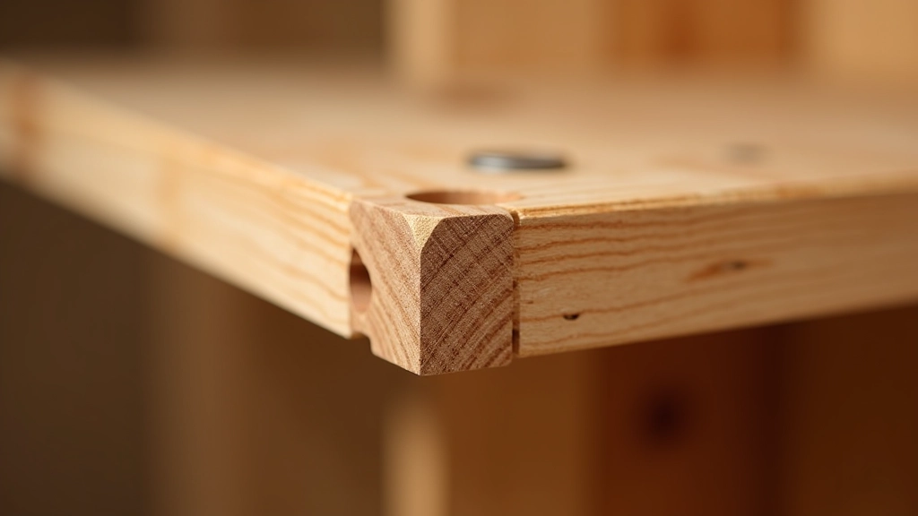 Close-up of pocket hole joint showing proper alignment and screw placement on wooden shelf corner