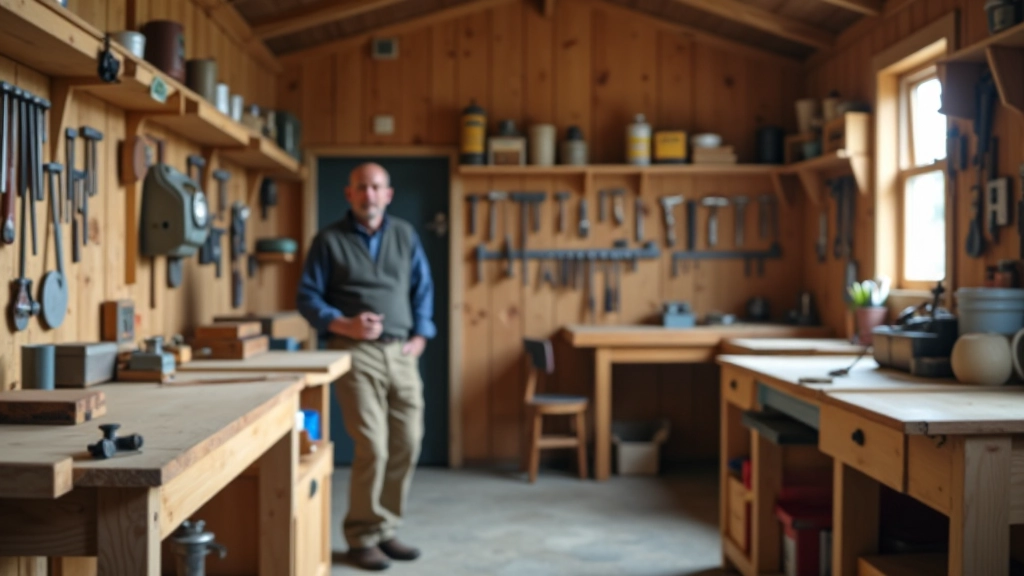 Interior of a men's shed workshop with wooden workbenches, hand tools hanging on pegboards, natural lighting, organized storage shelves with materials