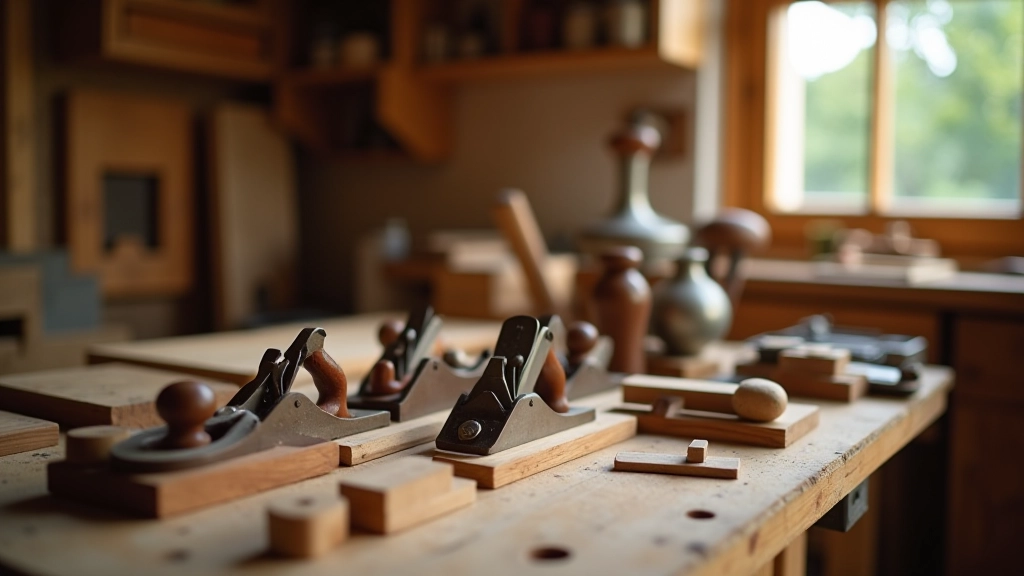 Woodworking workshop with hand tools arranged on workbench, natural light from windows, organized wooden workspace