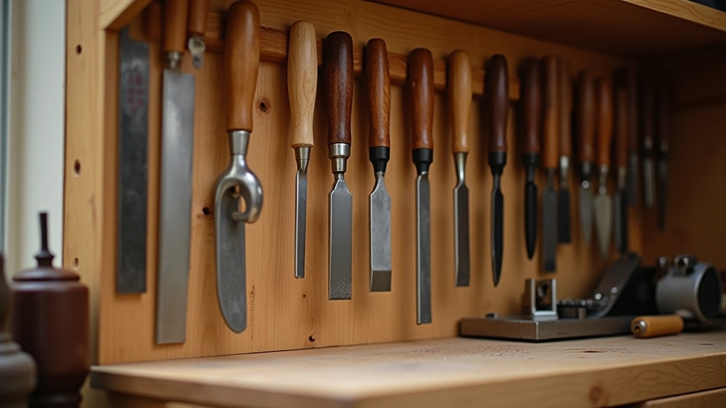 Organized tool rack in workshop showing hand tools properly stored with oilstone, sharpening supplies, and maintenance materials neatly arranged