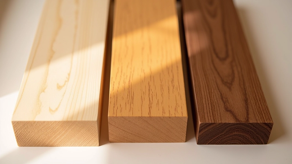 Three wood samples displayed side by side showing distinct color differences between pale ash, golden oak, and dark walnut in natural light