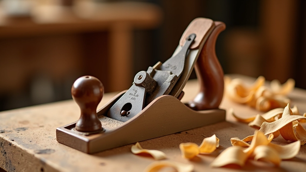 Traditional wooden-bodied hand plane on wooden workbench with wood shavings, showing blade detail and craftsmanship