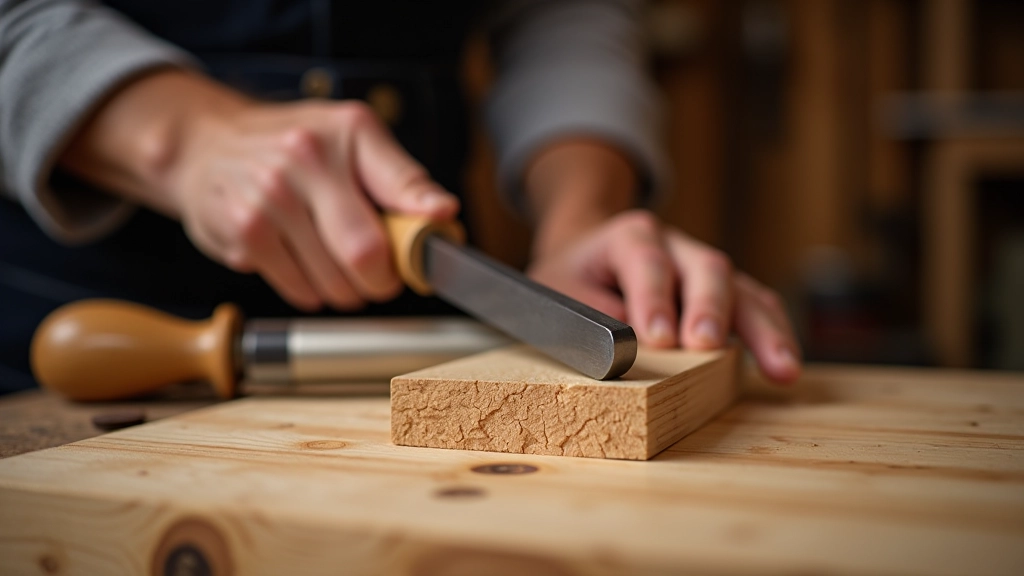 Wooden workbench with hand tools including chisels, saws, and a piece of oak wood being worked on