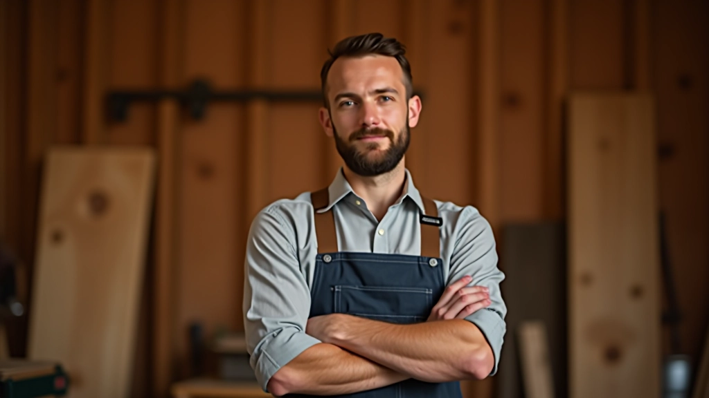 Workshop instructor with arms crossed, professional portrait in timber workshop setting