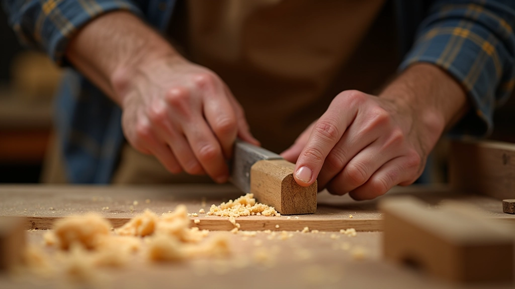 Hands working with wood chisel and mallet on timber workbench