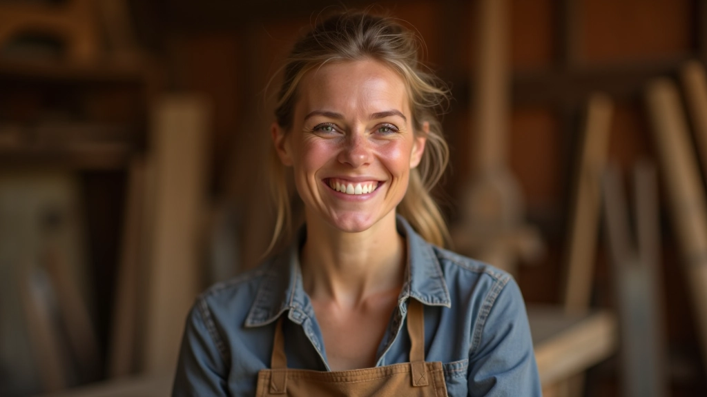 Female woodworker smiling at camera in workshop studio setting with tools visible