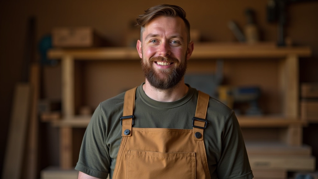 Male instructor in workshop apron with measuring tools visible in background