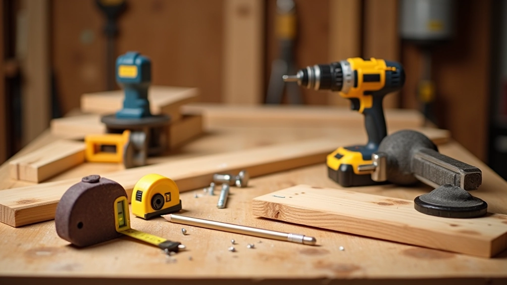 Wooden planks, pocket hole jig, drill, and measuring tools arranged on workshop table ready for shelf project