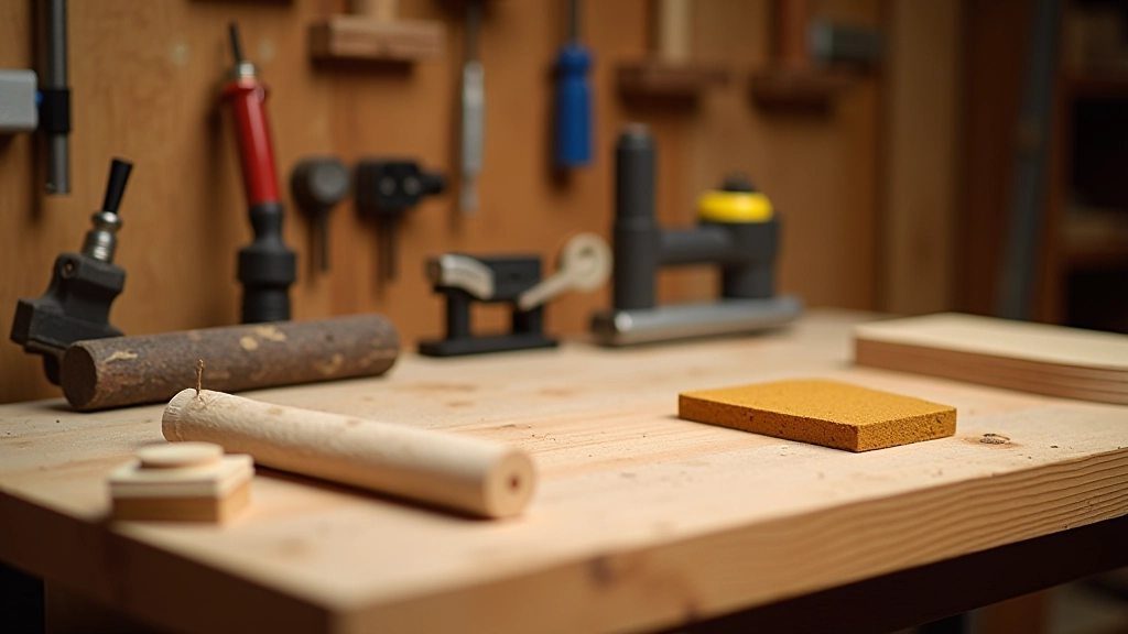 Woodworking workshop with various tools, wood samples, and troubleshooting materials on a workbench surface